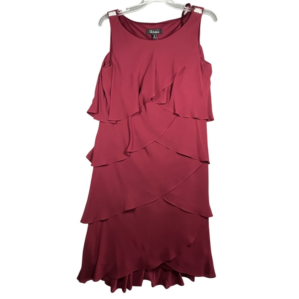 S.L. Fashions Women's Size 10 Port Tiered Ruffle Cocktail Dress Rhinestone Pin